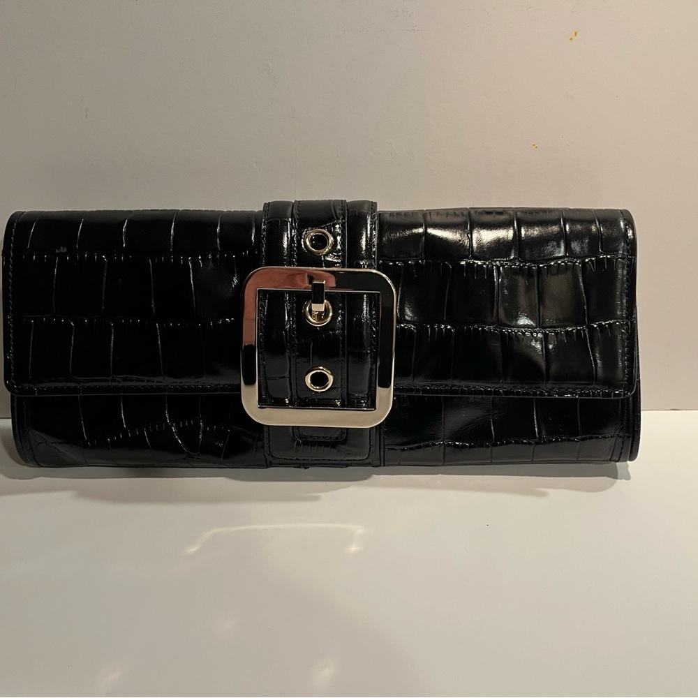 Ann Taylor Croc Embossed Genuine Leather Buckle Front Clutch Bag
